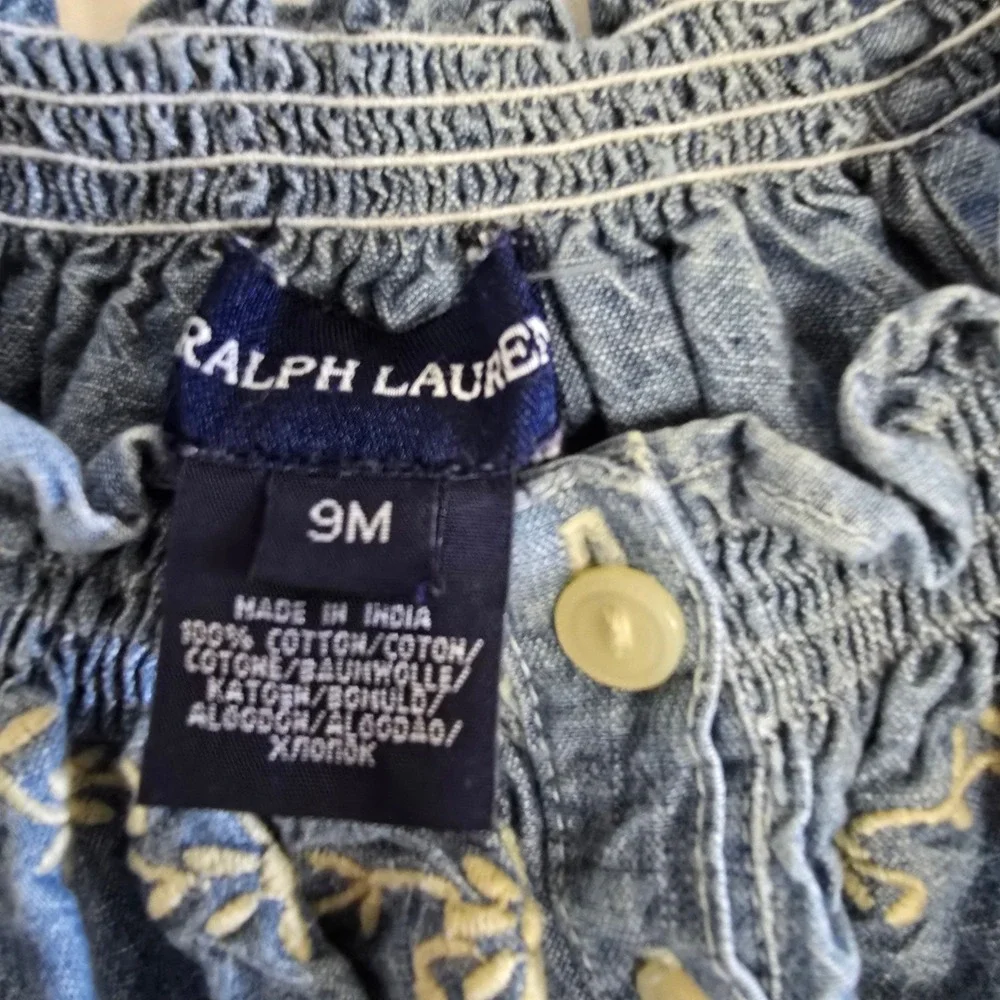 Ralph Lauren Denim Dress Baby Girls Blue Smocked Embroidered Cotton 9M